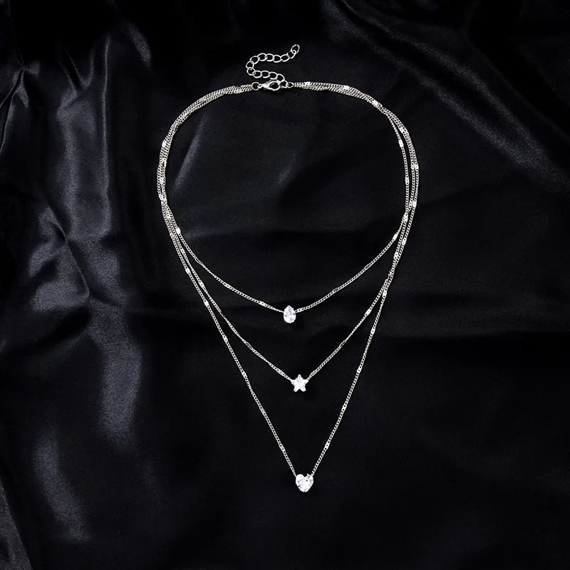 Women Multilayer Zircon Pendant Chain Choker Necklace