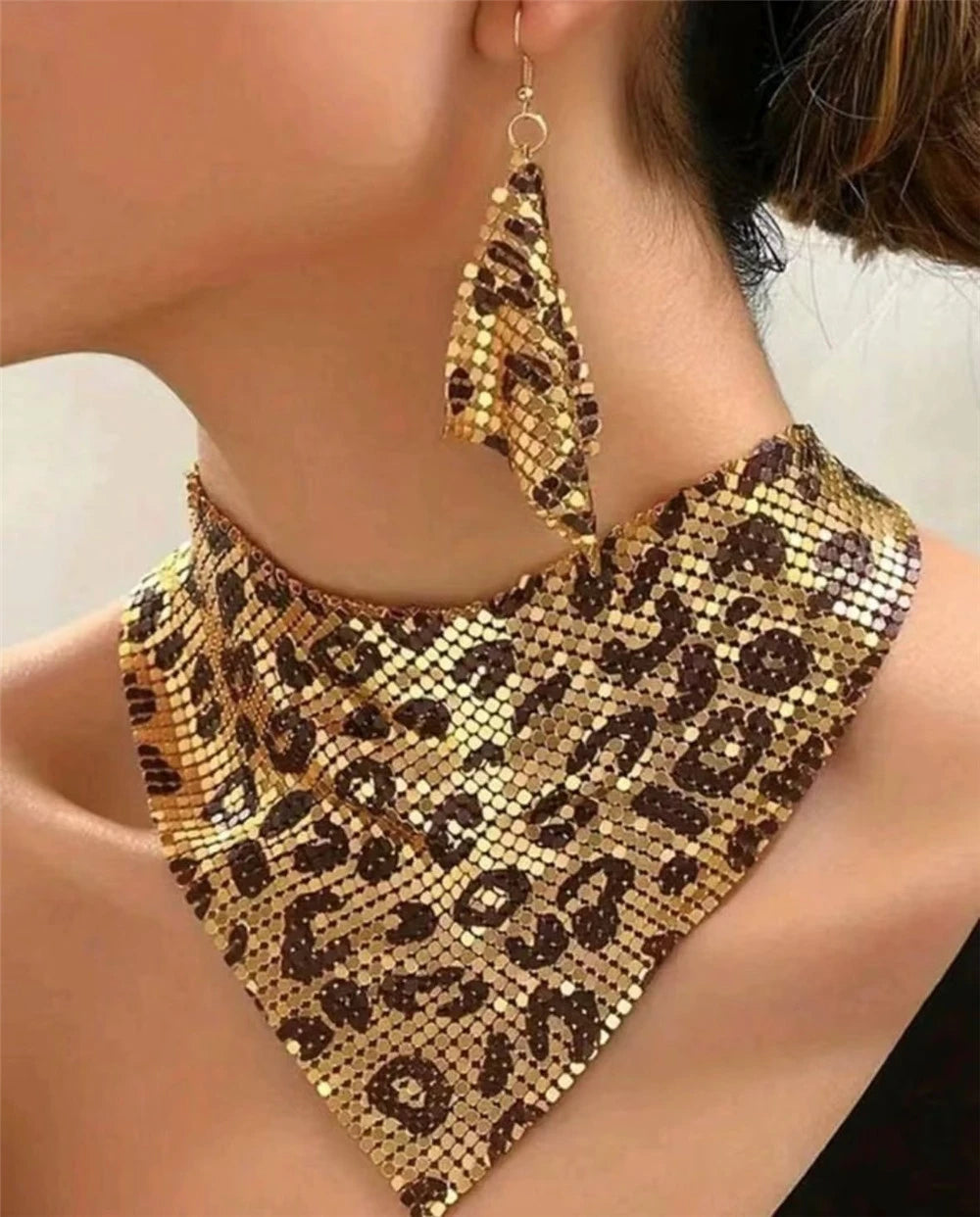 Women Leopard Print Bib Necklace Earrings Jewelry Set