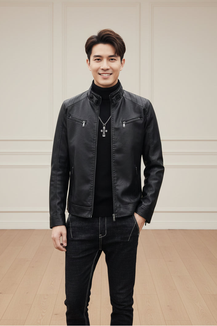 Men Slim Fit Leather Blazer Jacket
