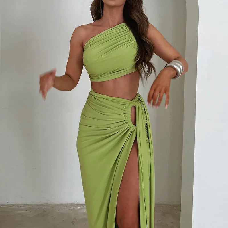 Women Sleeveless Crop Top and Slit Long Skirt 2 Piece Party Set