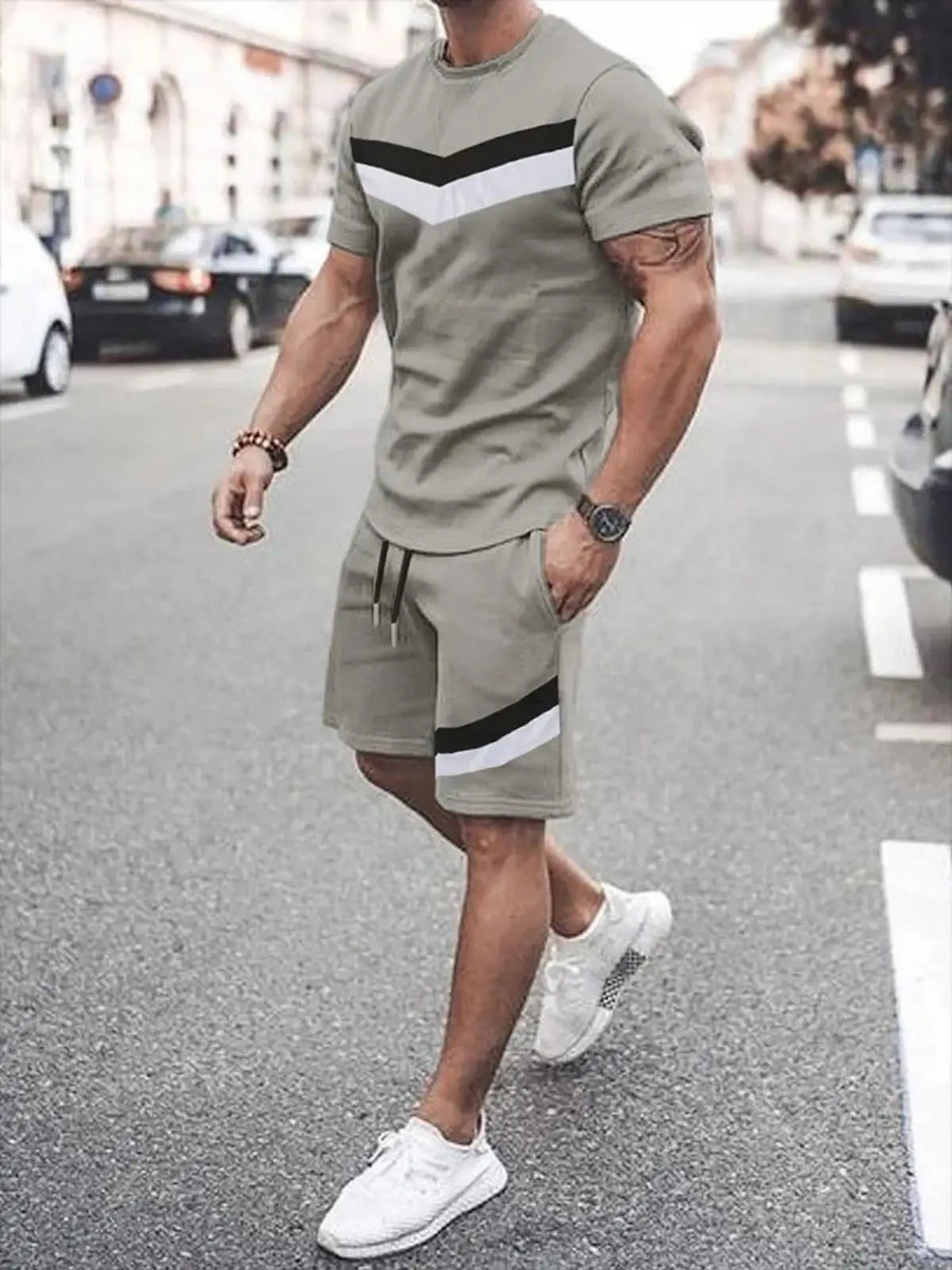 Men Striped Graphic T Shirt and Shorts Casual Set