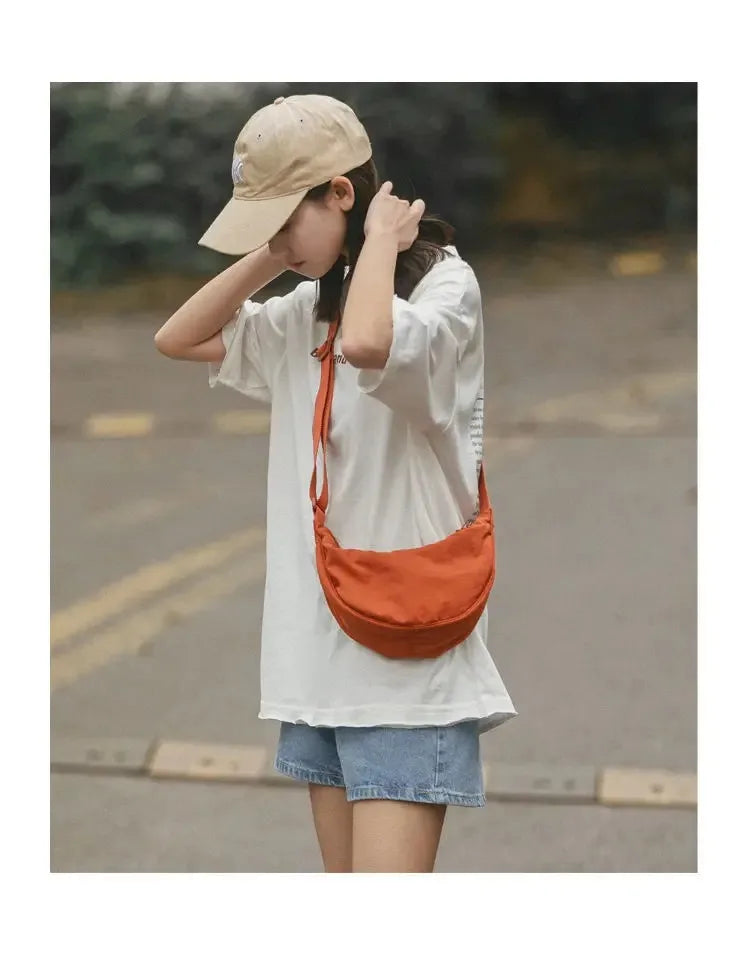 Men and Women Solid Color Chest Bag for Large Capacity Travel Crossbody Female Half Moon Bag Daily Cotton Filled Shoulder Bag