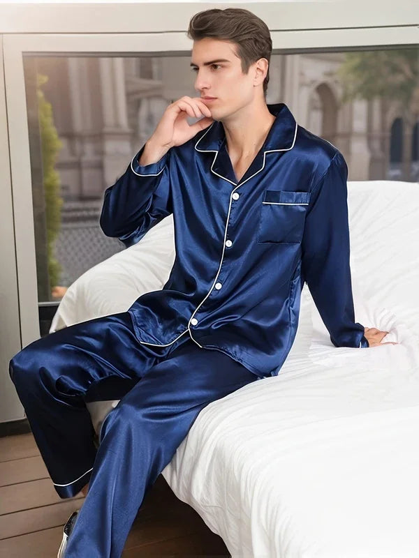 Men Microfiber Satin Pajama Set Long Sleeve Sleepwear