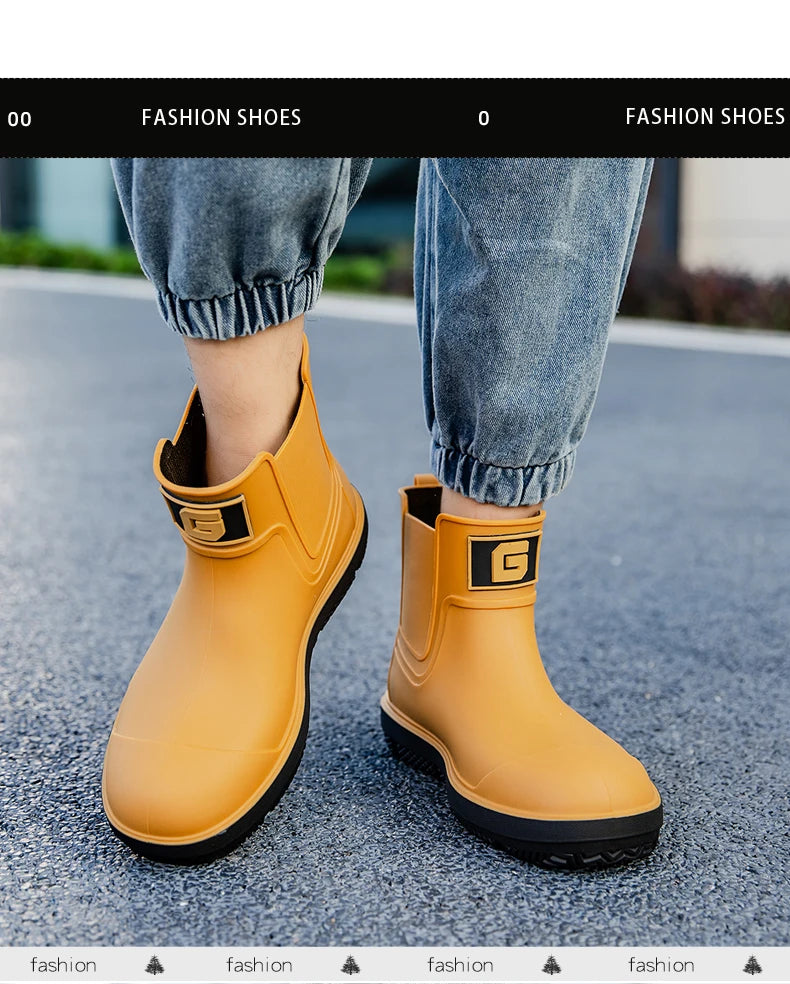 Men's Short-Tube Non-Slip Rain Boots, Fashionable Low-Top Water Shoes, Pvc One-Piece Molded Rain Boots, Waterproof Shoes for Farm Work