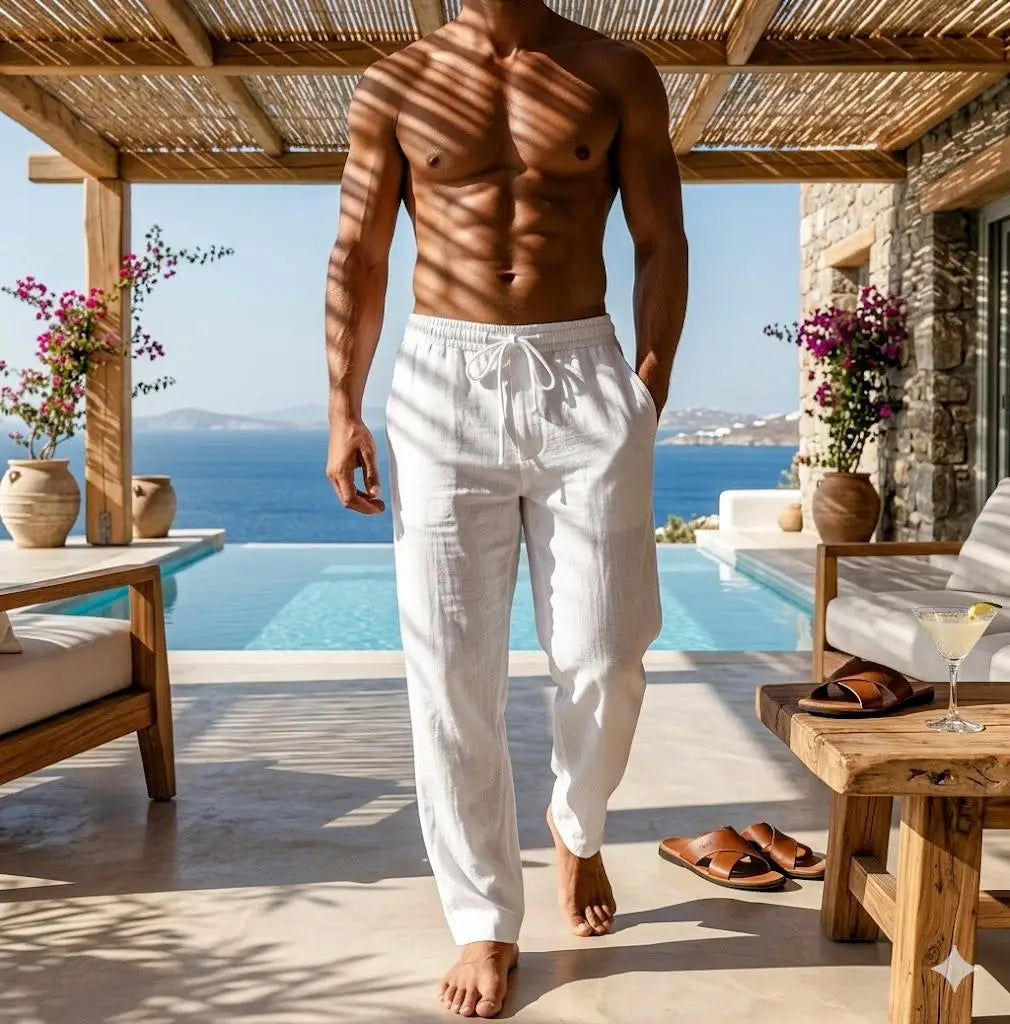 Men Cotton Linen Drawstring Beach Pants