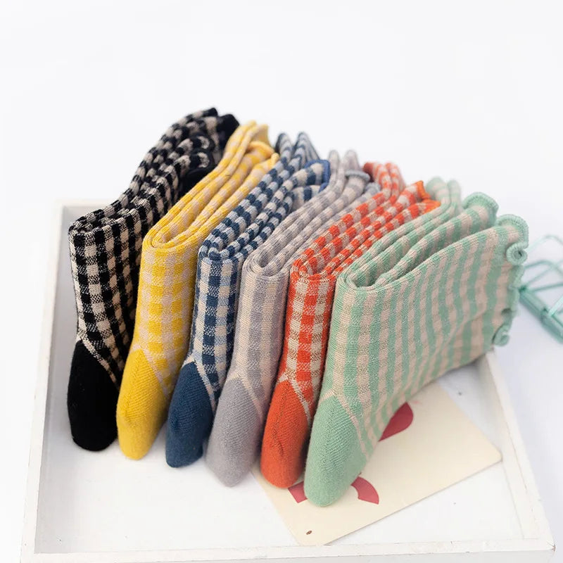 Checkered Cotton Crew Socks for Women
