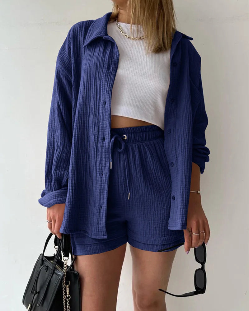 Women Muslin 2 Piece Short Set Button Casual Summer Outfit