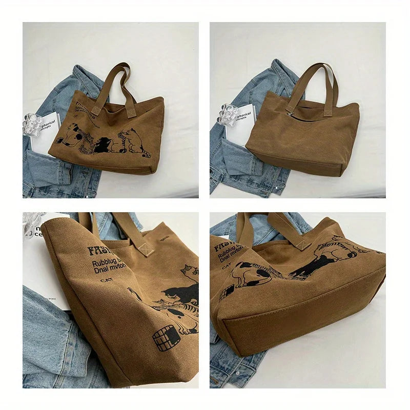 Spacious Canvas Tote Shoulder Bag with Zipper for Women