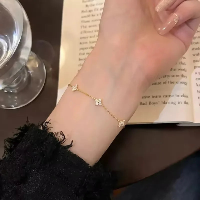 Women Crystal Four Leaf Flower Stainless Steel Zircon Bracelet