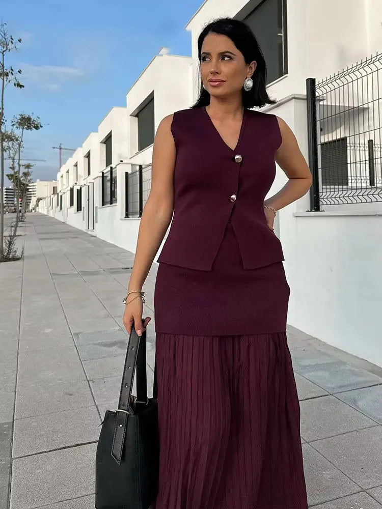 Women Knitted Skirt Set V Neck Sleeveless Vest High Waist Skirt Outfit