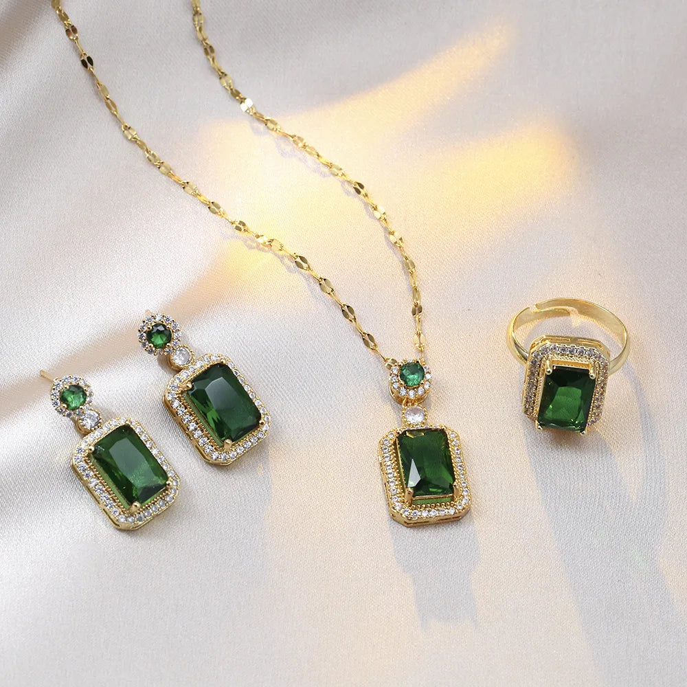 Women Rhinestone Quadrate Necklace Earrings Ring Jewelry Set