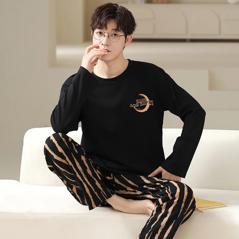 Men Black Striped Pajama Set Long Sleeve Sleepwear Loungewear