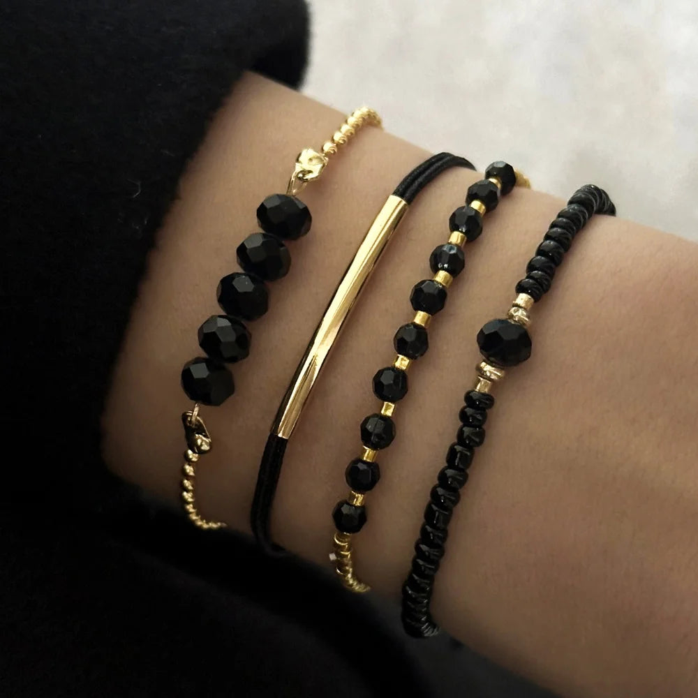 Women Black Glass Stone Boho Handmade Bracelet Set Jewelry