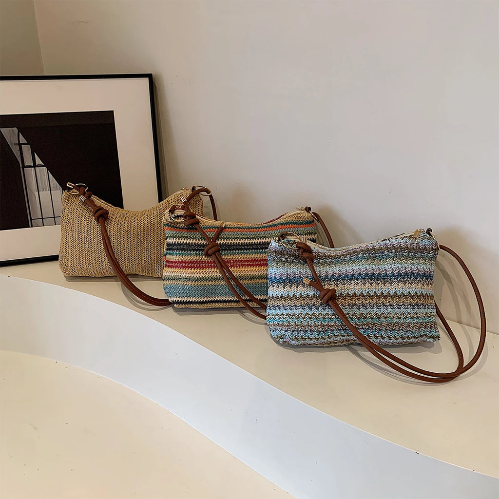 Large Capacity Striped Straw Wrist Bag for Women