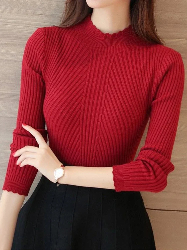 Mock Neck Ruffle Knit Sweater for Women with Stripes