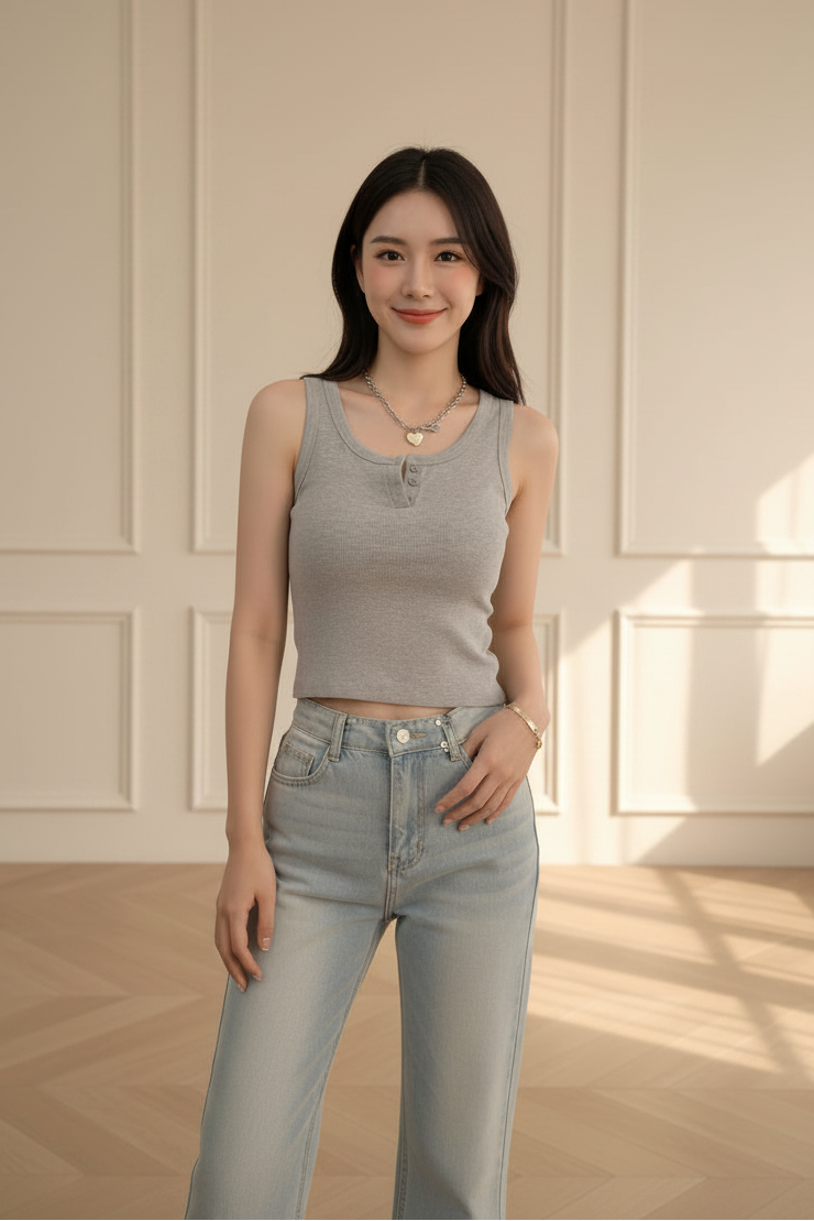 Ribbed Button Sleeveless Tank Top for Women