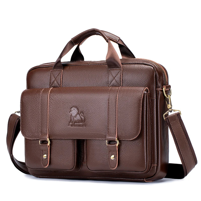 Genuine Leather Double Pocket Briefcase Laptop Crossbody Bag for Men