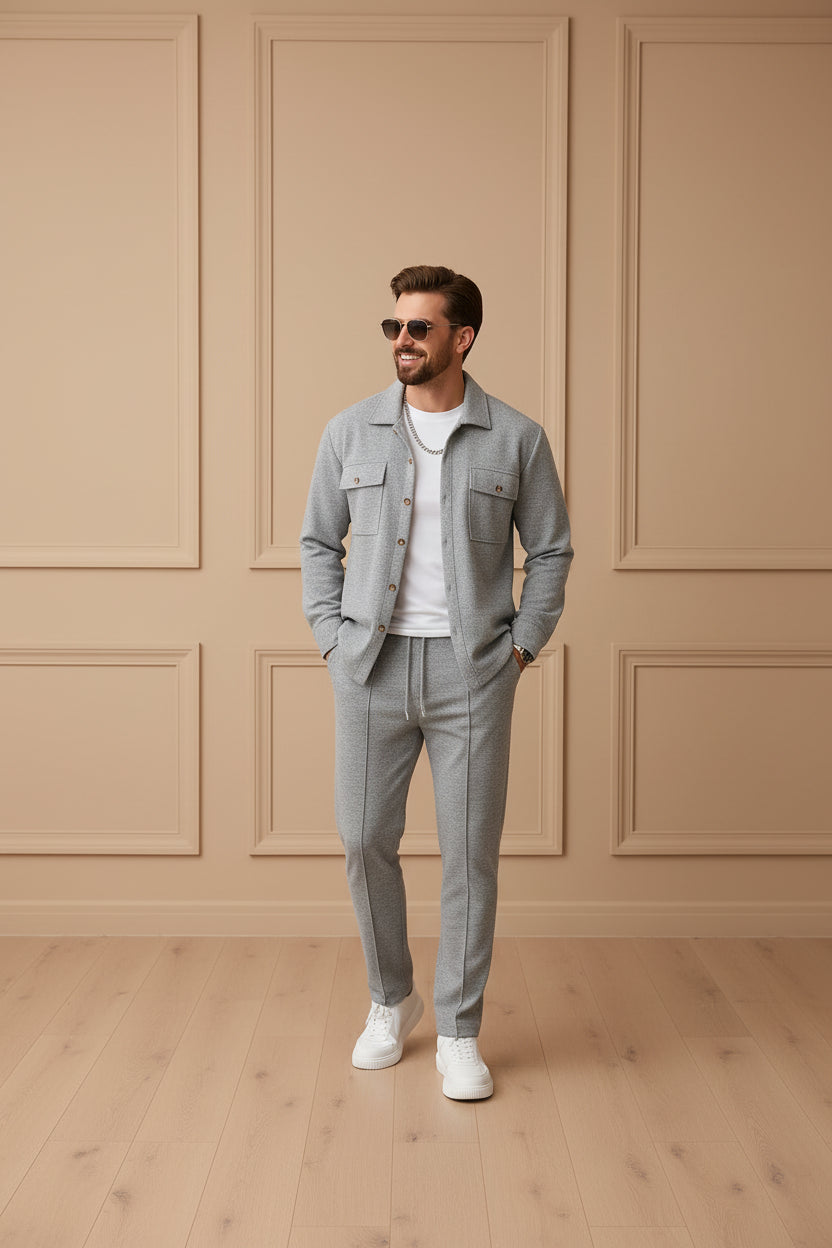 Men Waffle Knit Long Sleeve Pants Set