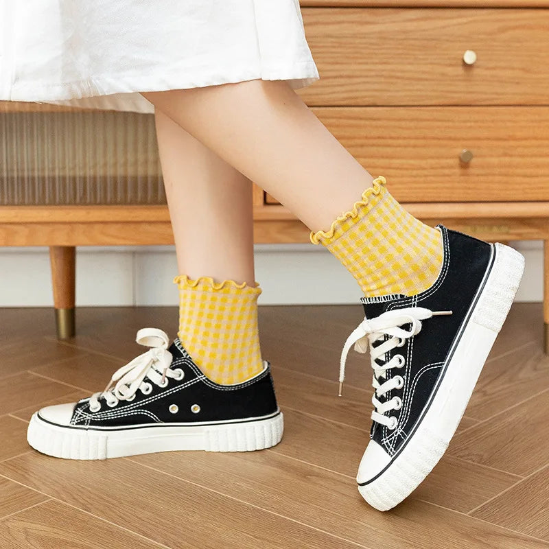 Checkered Cotton Crew Socks for Women