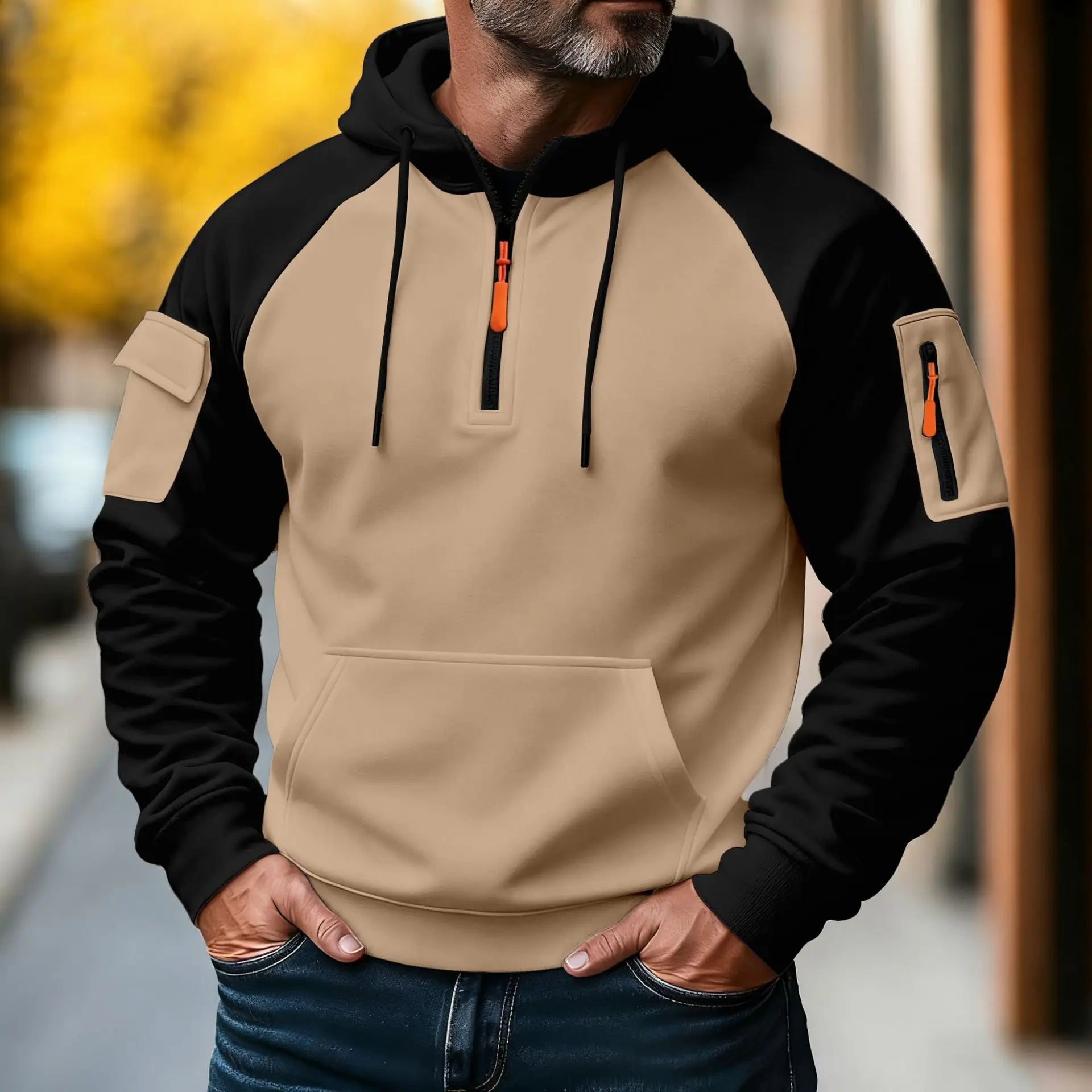 Men Hooded Zip Up  Jacket Multi Pocket Gym Hoodie