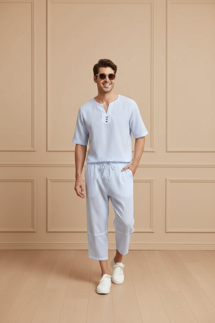 Men Cotton Linen Shirt Shorts Set