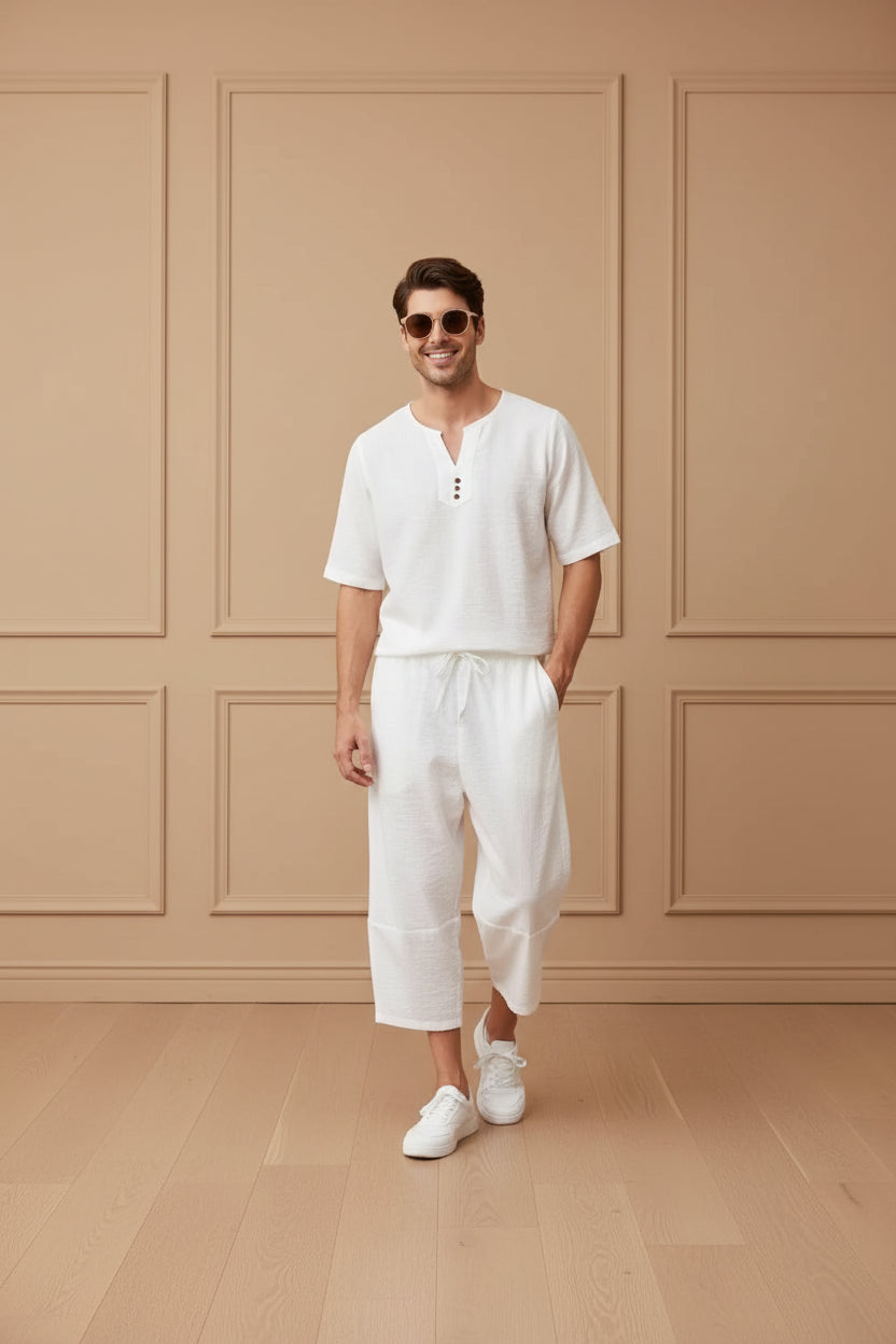 Men Cotton Linen Shirt Shorts Set