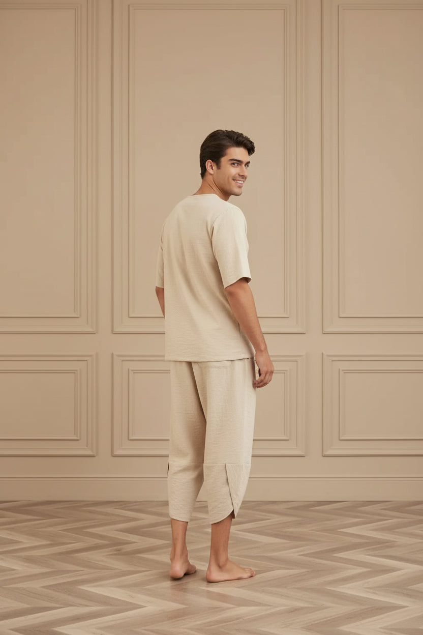 Men Cotton Linen Shirt Shorts Set