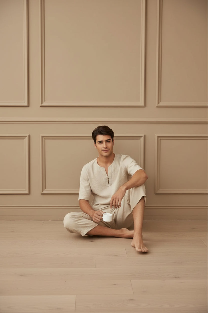 Men Cotton Linen Shirt Shorts Set