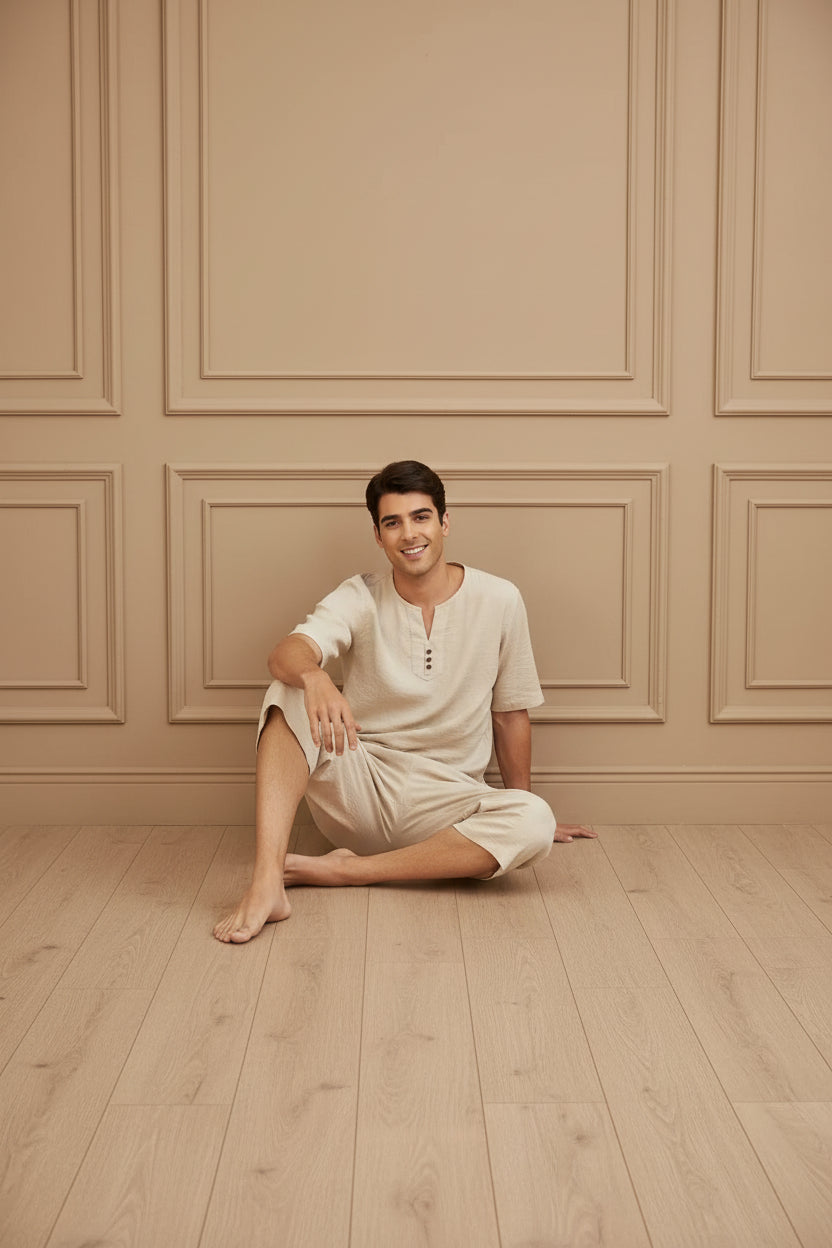 Men Cotton Linen Shirt Shorts Set
