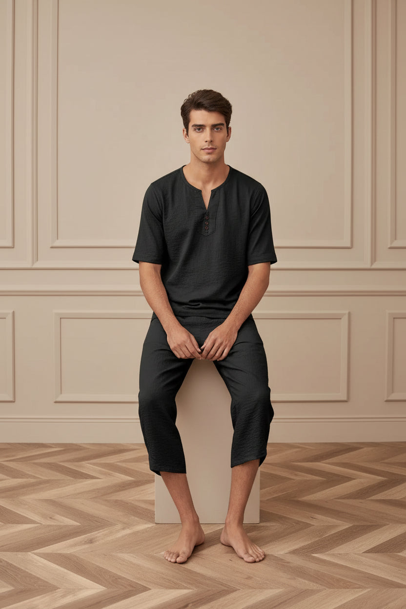 Men Cotton Linen Shirt Shorts Set