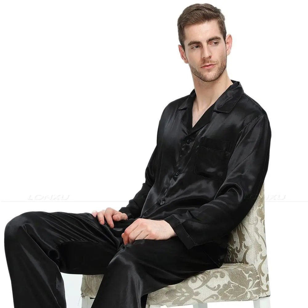 Men Silk Satin Pajama Set Sleepwear Loungewear