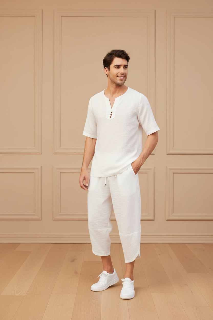 Men Cotton Linen Shirt Shorts Set