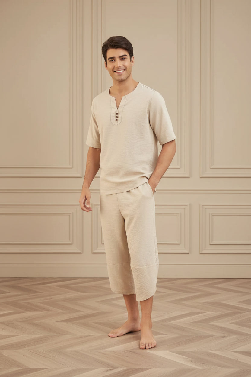 Men Cotton Linen Shirt Shorts Set