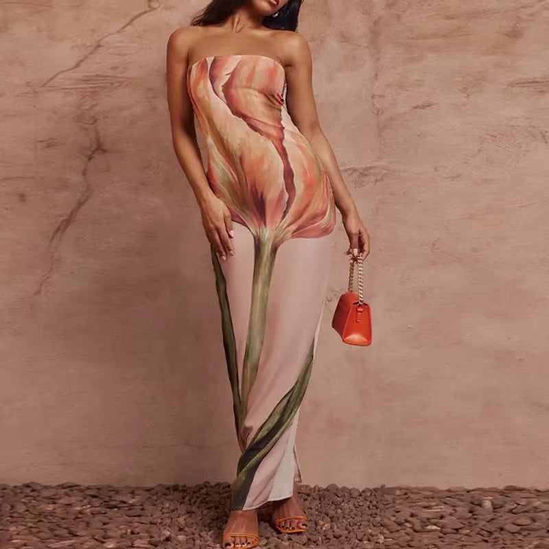 Sexy Strapless Backless Printed Long Dress Women