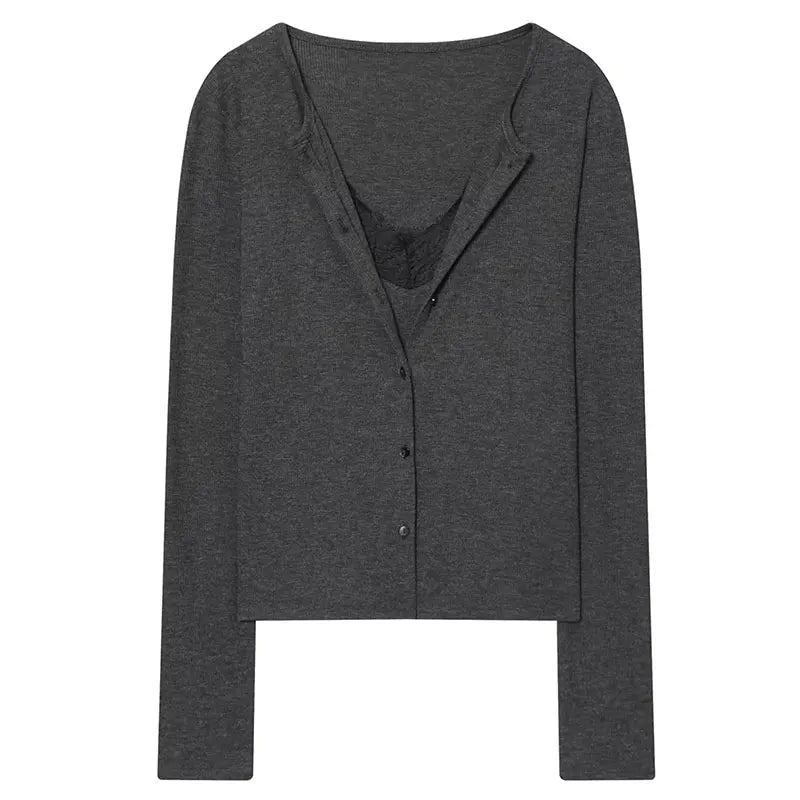 Women Fashion Lace V Neck Cropped Knit Sweater