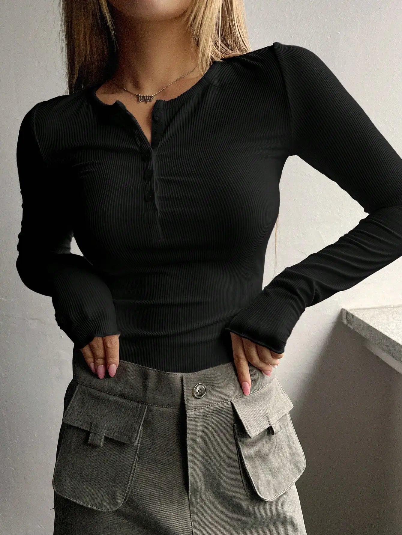 Women Ribbed Half Button Long Sleeve Tee