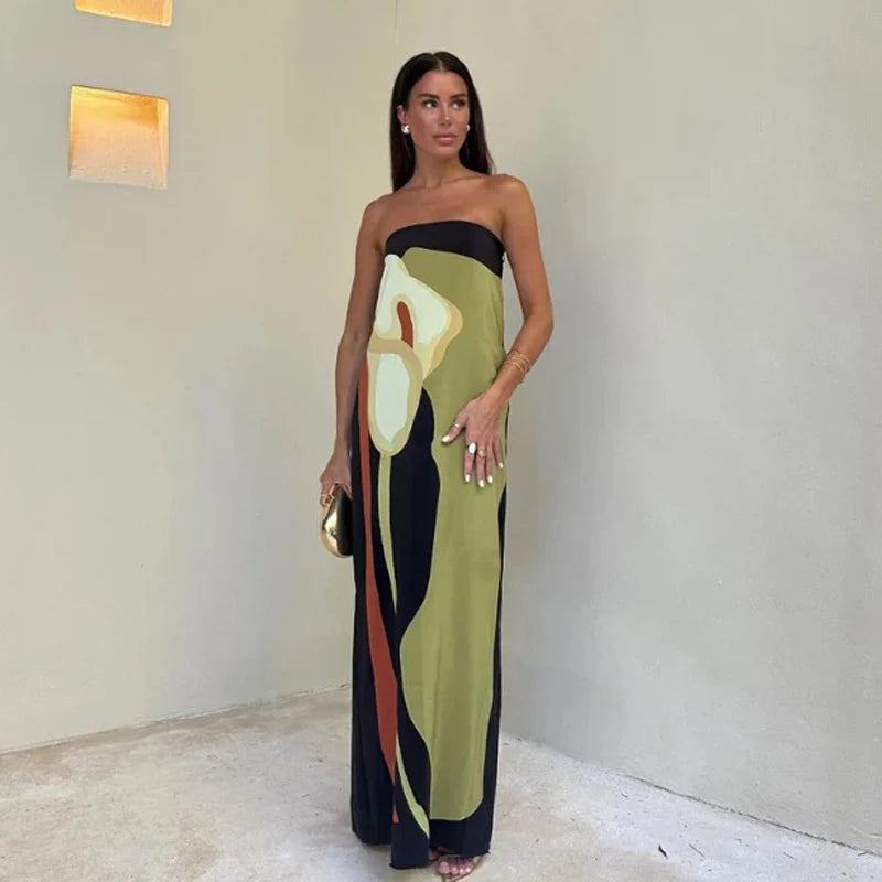 Sexy Strapless Backless Printed Long Dress Women