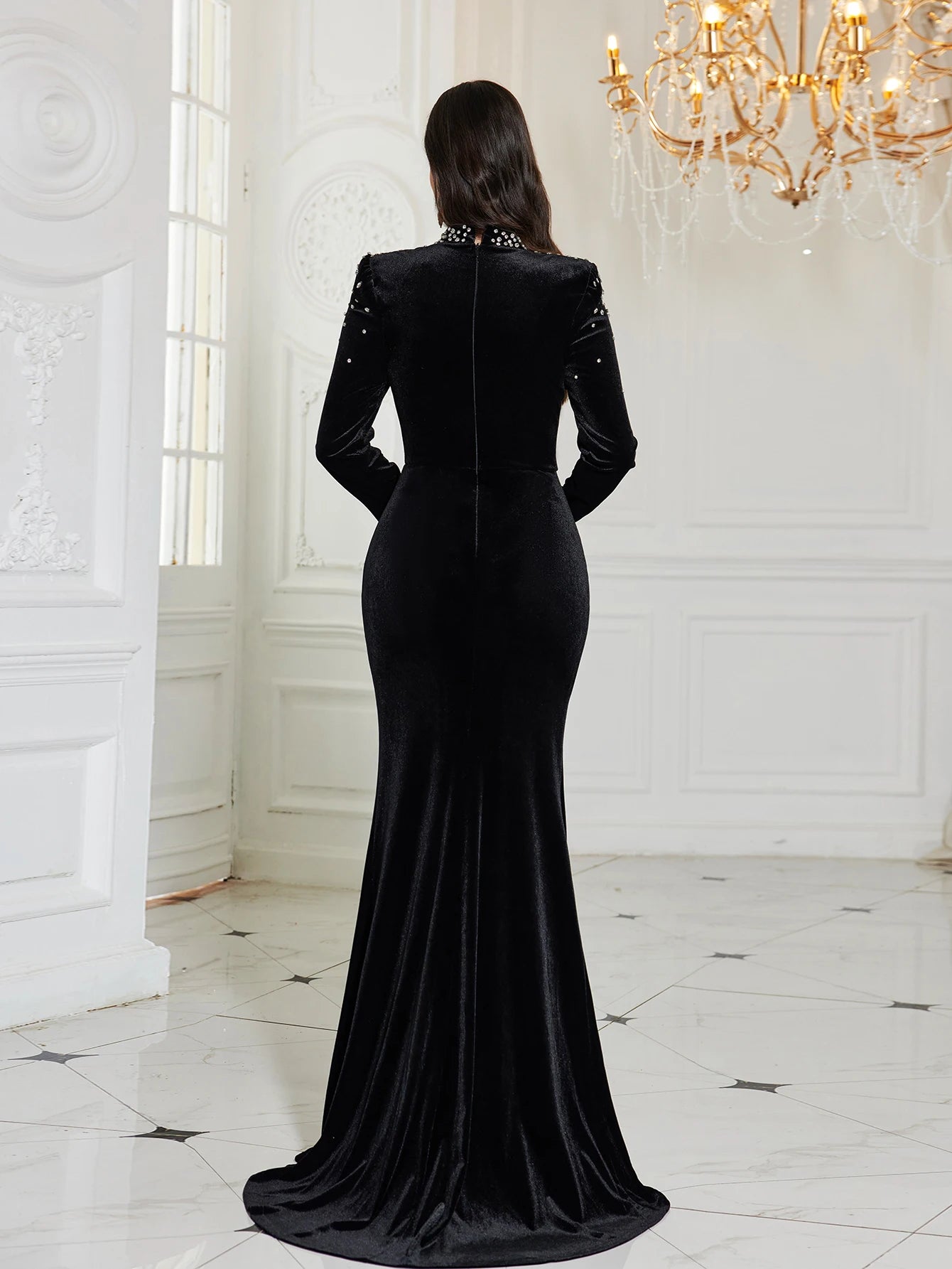 Velour Puff Sleeve Slim Fit Evening Dress