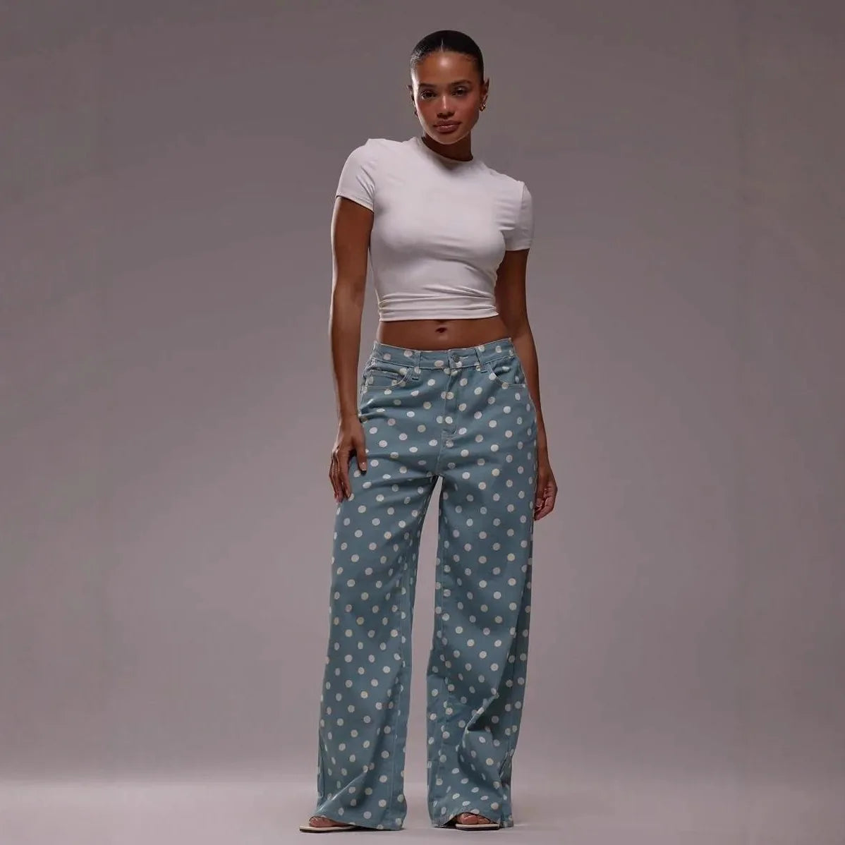 High Waist Polka Dot Wide Leg Jeans for Women