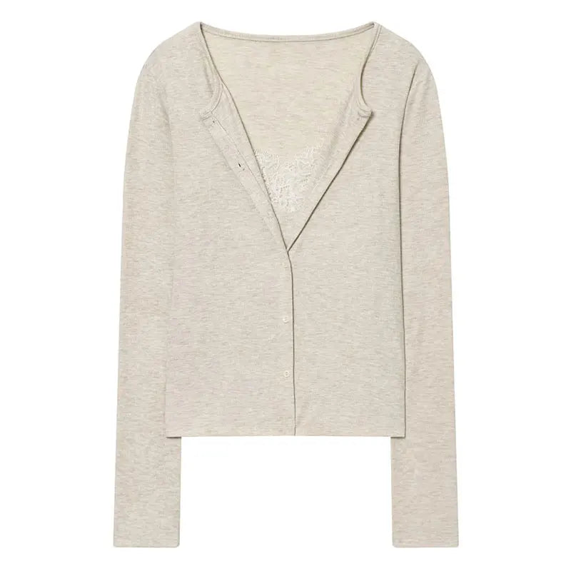 Women Fashion Lace V Neck Cropped Knit Sweater
