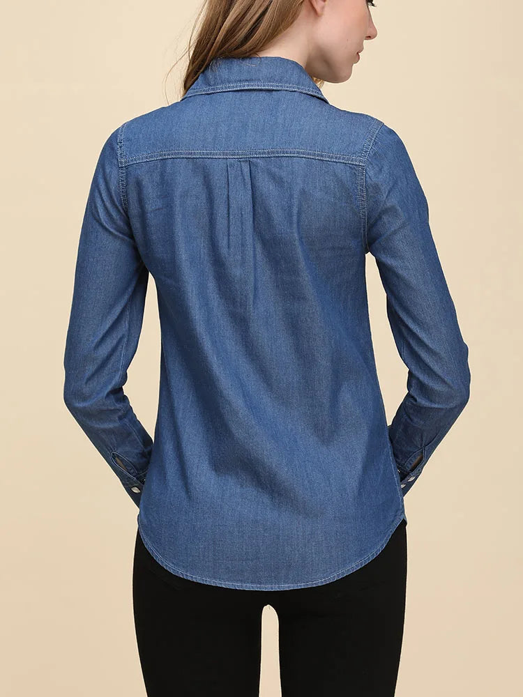 Spring 2026 New Denim Shirts And Blouse For Women Korean Style Long Sleeve Top Blue Or Sky Blue Color Jeans Elegant Blouses