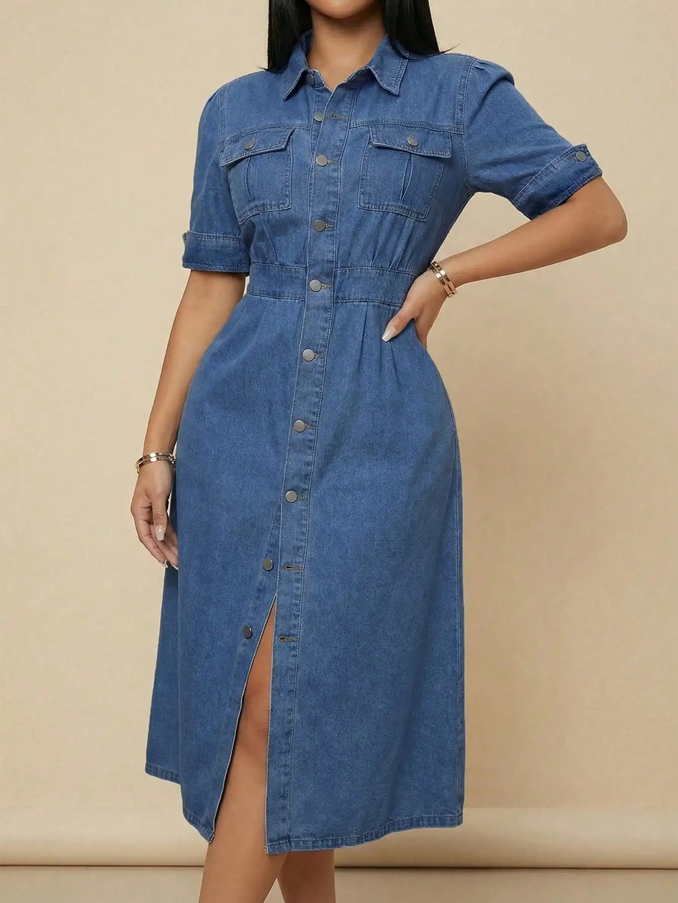 Retro Denim Midi Shirt Dress With Pockets