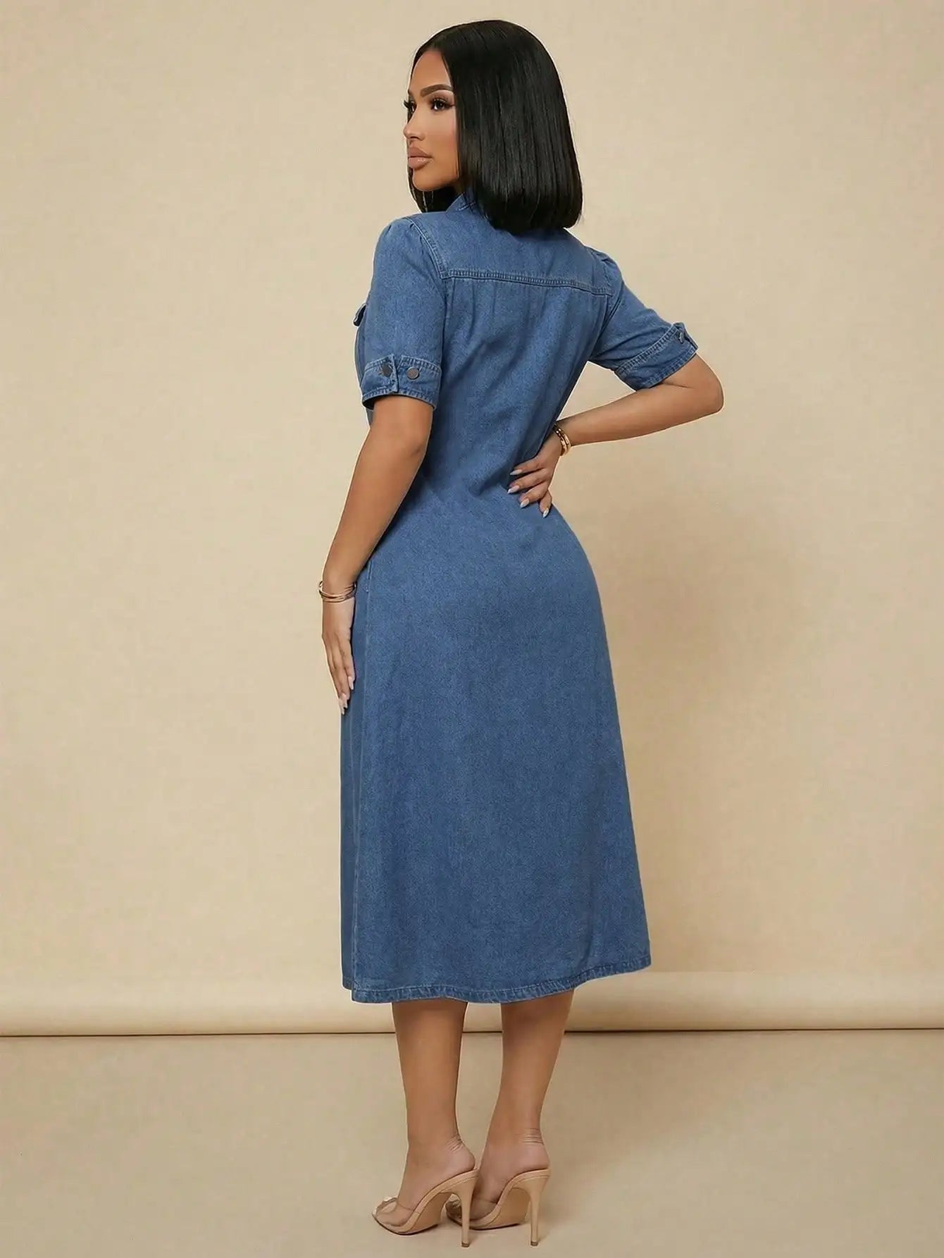 Retro Denim Midi Shirt Dress With Pockets