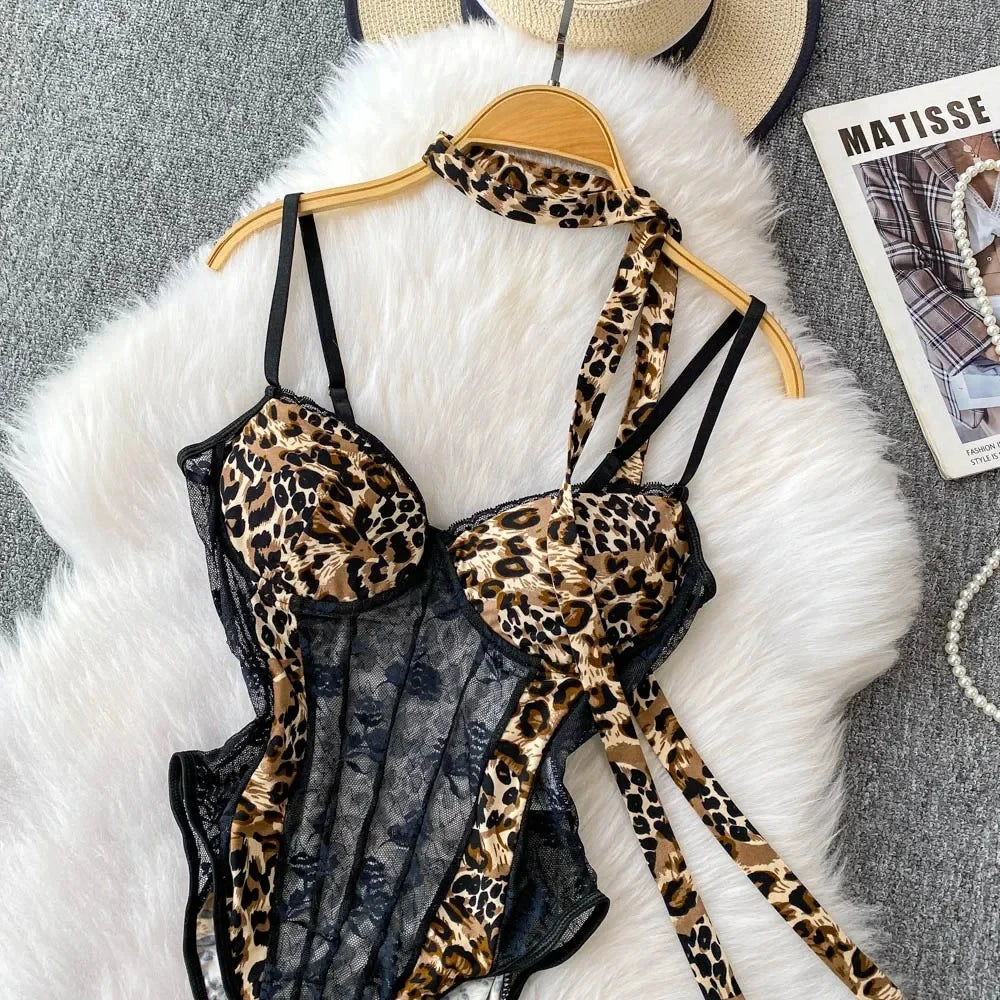 Women Hotsweet V-neck Leopard Slim Vintage Straps Bodysuits Chic Lace Slim Jumpsuits Comfortable Fashion Underwear