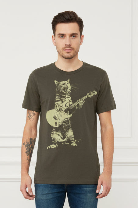 Men Graphic Cat Playing Guitar T Shirt