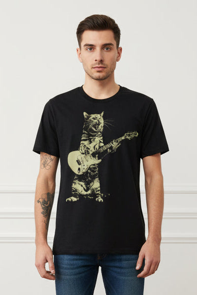 Men Graphic Cat Playing Guitar T Shirt