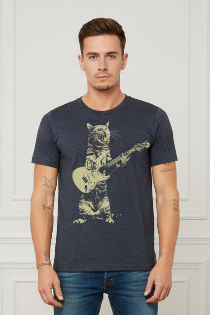 Men Graphic Cat Playing Guitar T Shirt