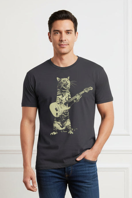Men Graphic Cat Playing Guitar T Shirt