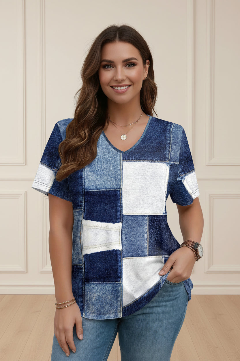 Imitation Denim Print V Neck Short Sleeve T Shirt for Women