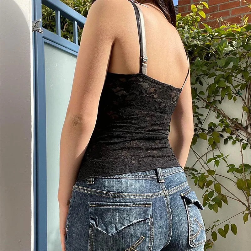 Black See Through Lace Cami Crop Tops Women Summer Y2K Clothes Sleeveless V Neck Sexy Tanks Camis Aesthetic 2000s Gothic Tees
